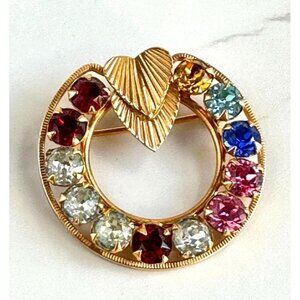 Vintage 1/20 12K GF Rhinestone Wreath Brooch With Heart Detail 1.25" Multi-Color